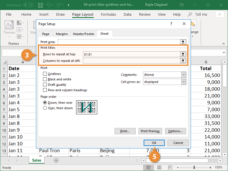 Print Titles, Gridlines, and Headings